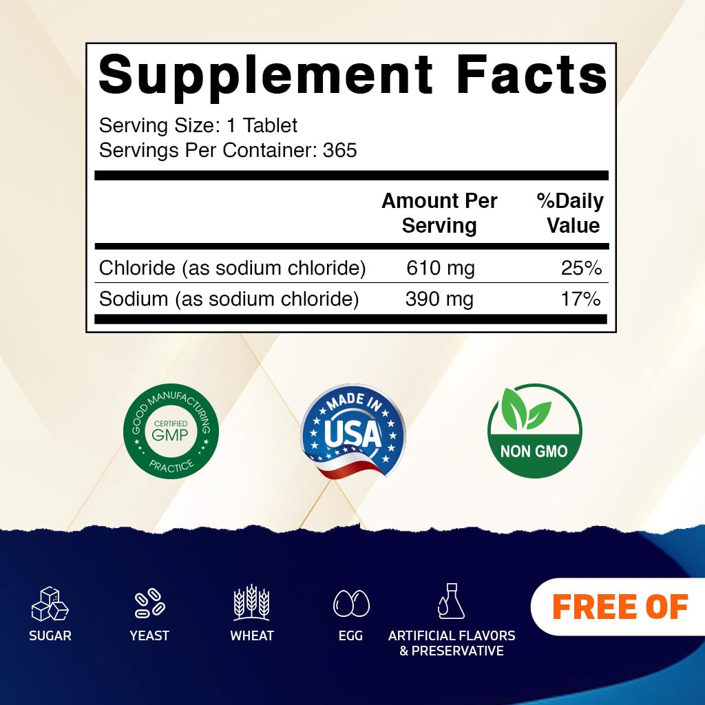 Vitamatic Sodium Chloride 1000mg – 365 Tablets Electrolyte Replenisher & Hydration Support – Non-GMO, Gluten-Free - FENGGESTORE20