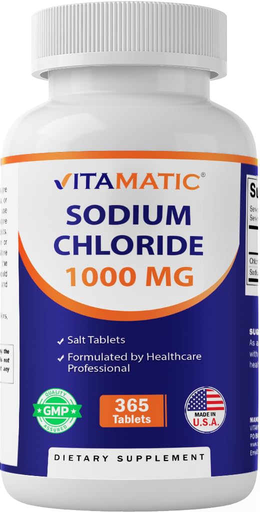 Vitamatic Sodium Chloride 1000mg – 365 Tablets Electrolyte Replenisher & Hydration Support – Non-GMO, Gluten-Free - FENGGESTORE20