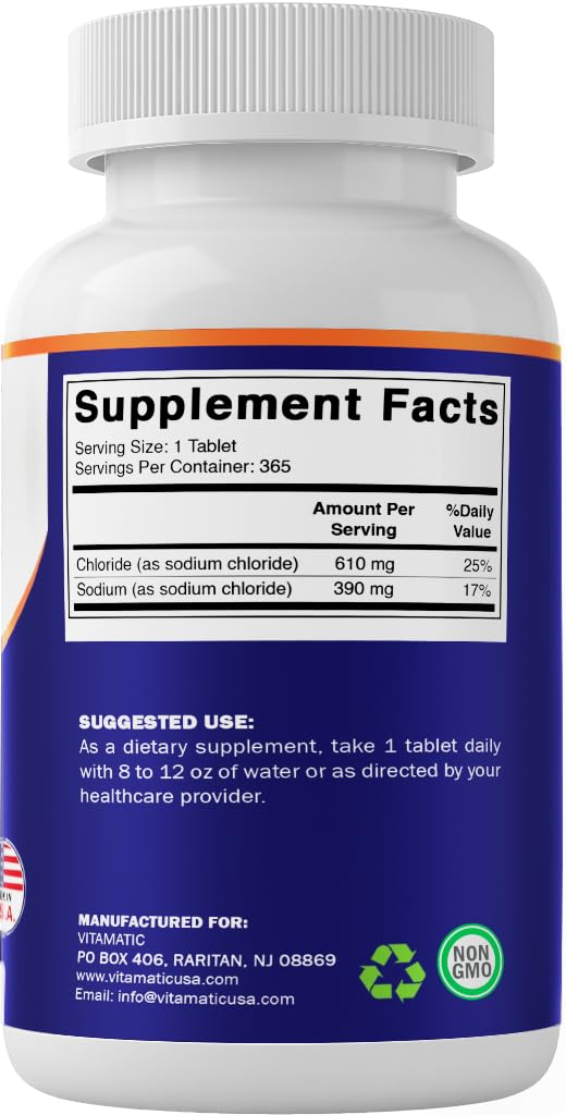 Vitamatic Sodium Chloride 1000mg – 365 Tablets Electrolyte Replenisher & Hydration Support – Non-GMO, Gluten-Free - FENGGESTORE20