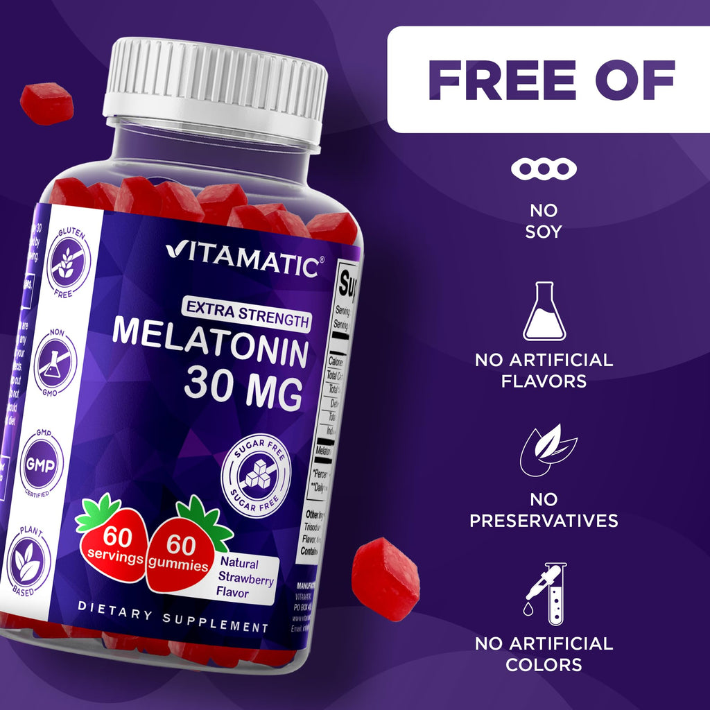 Vitamatic Sugar Free Melatonin 30mg per Gummy - 60 Servings - 60 Vegetarian Gummies - Non-Habit Forming Supplement (60 Count (Pack of 1)) - FENGGESTORE20