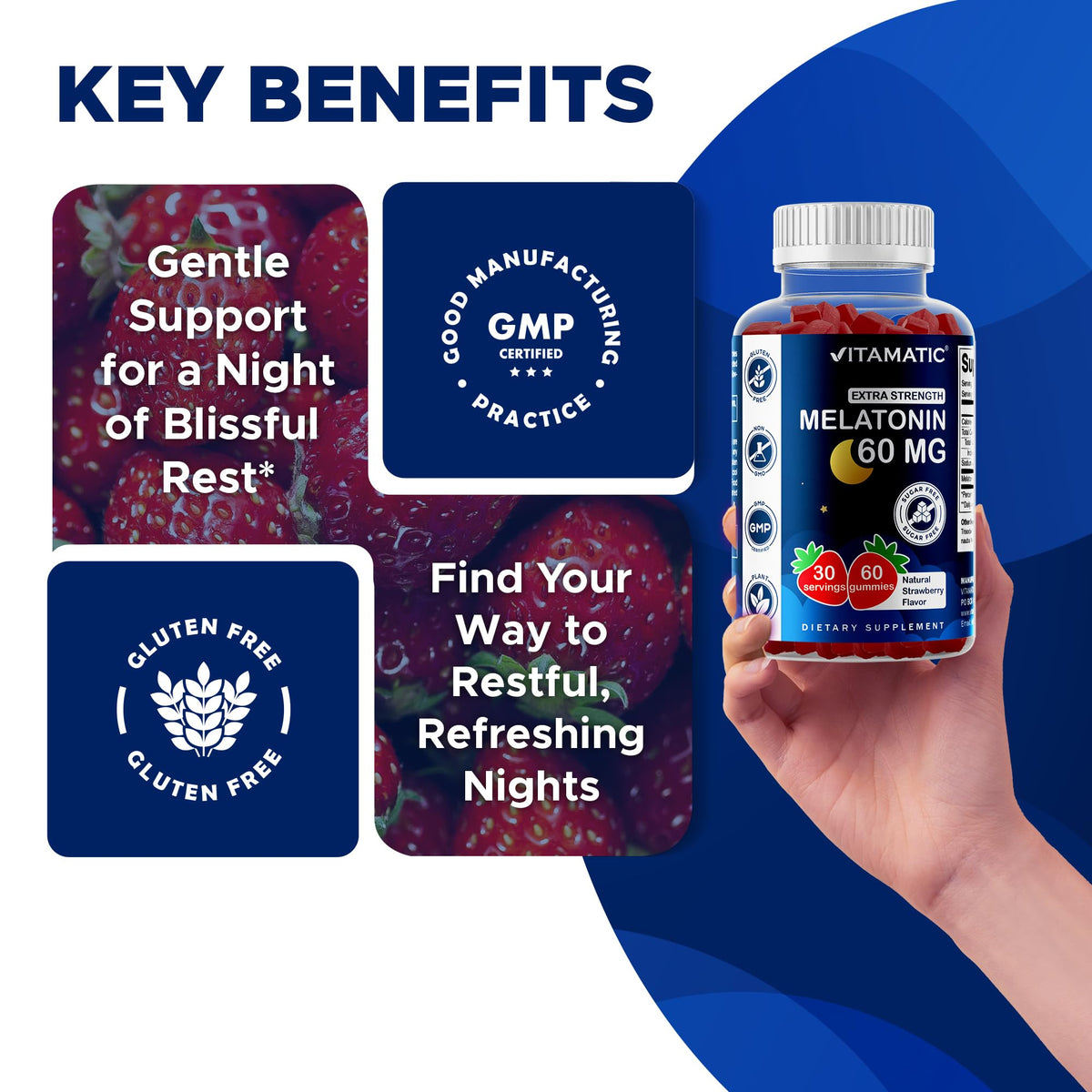 Vitamatic Sugar Free Melatonin 60 mg - 60 Vegetarian Gummies - Non-Habit Forming Supplement - FENGGESTORE20