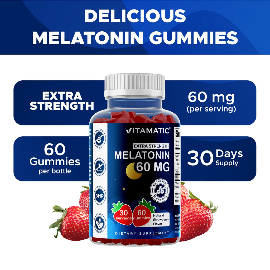 Vitamatic Sugar Free Melatonin 60 mg - 60 Vegetarian Gummies - Non-Habit Forming Supplement - FENGGESTORE20