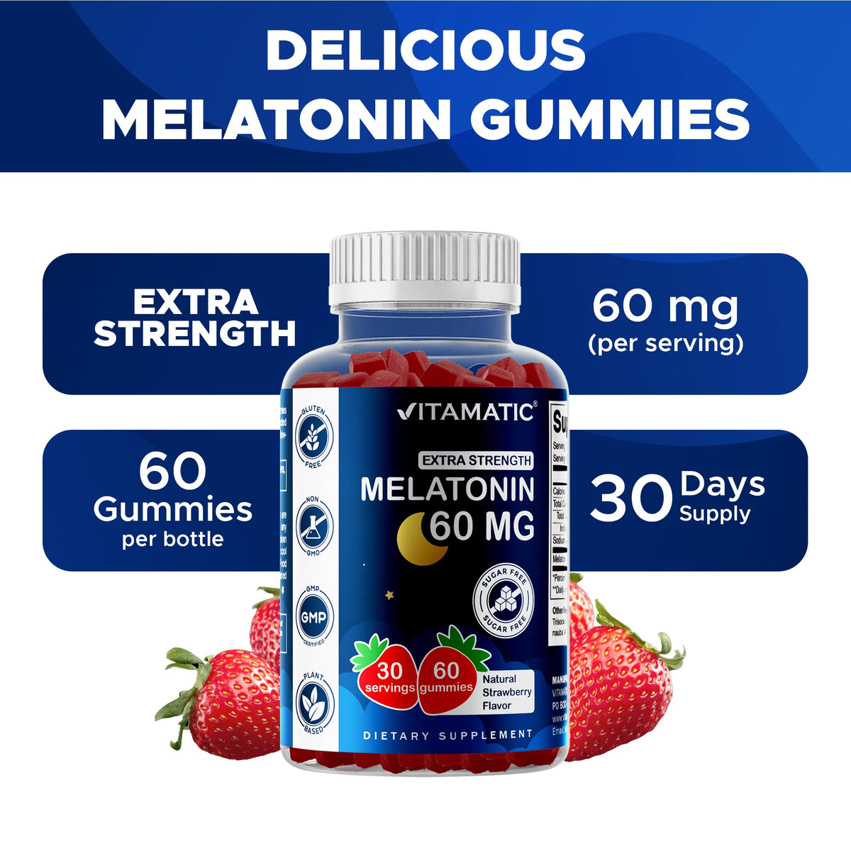 Vitamatic Sugar Free Melatonin 60 mg - 60 Vegetarian Gummies - Non-Habit Forming Supplement - FENGGESTORE20
