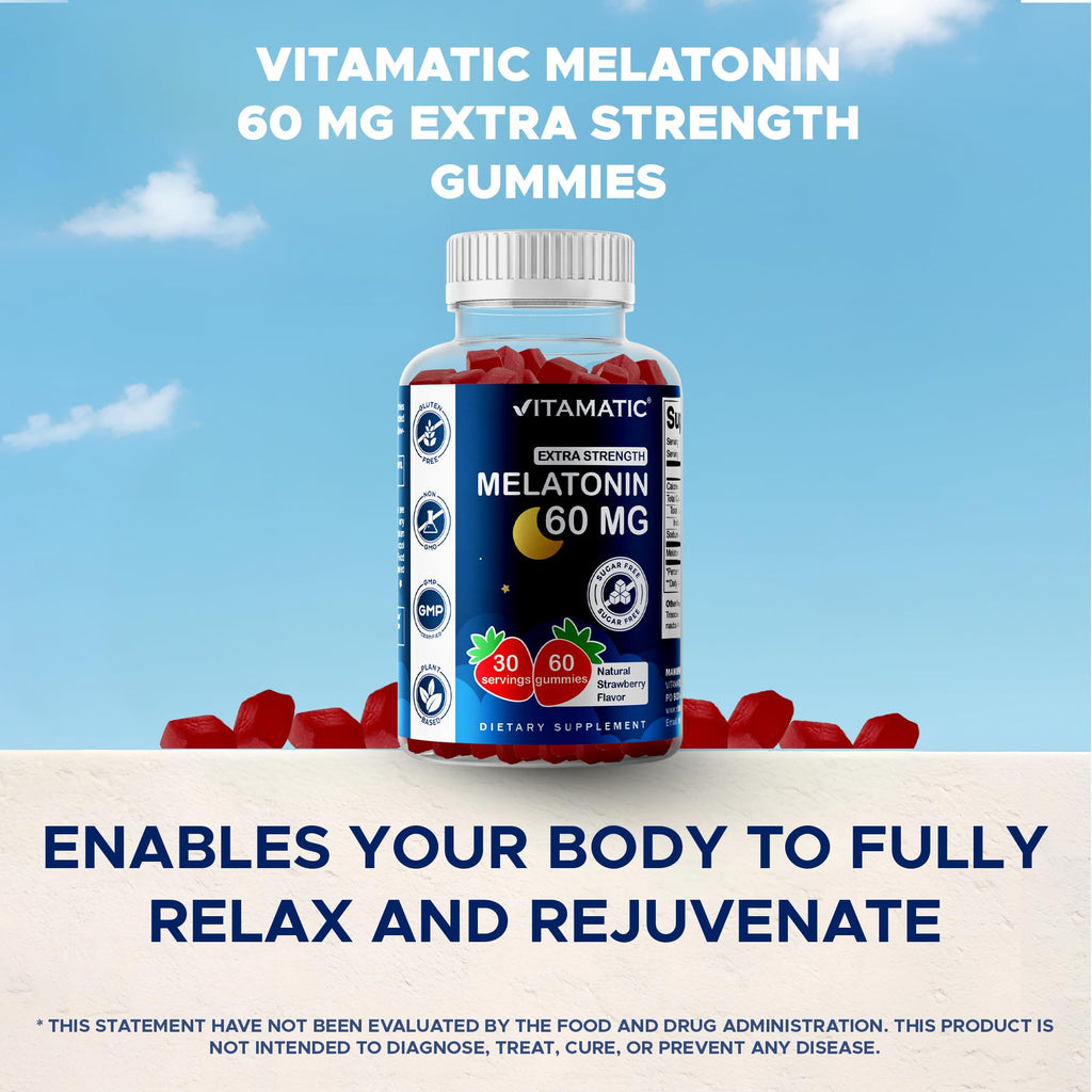 Vitamatic Sugar Free Melatonin 60 mg - 60 Vegetarian Gummies - Non-Habit Forming Supplement - FENGGESTORE20