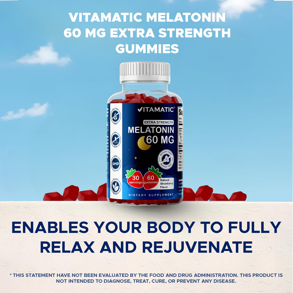 Vitamatic Sugar Free Melatonin 60 mg - 60 Vegetarian Gummies - Non-Habit Forming Supplement - FENGGESTORE20