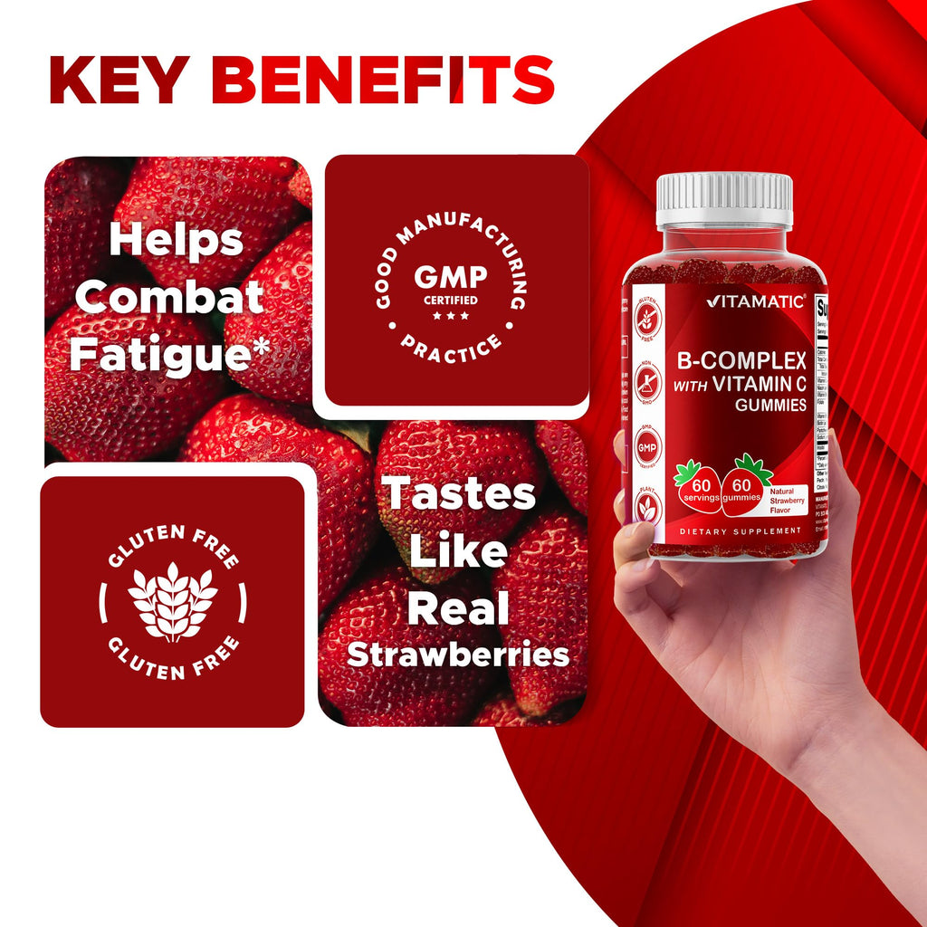 Vitamatic Vitamin B Complex Gummies with Vitamin C & Inositol - Natural Strawberry Flavor - 60 Gummies (1 Bottle) - FENGGESTORE20