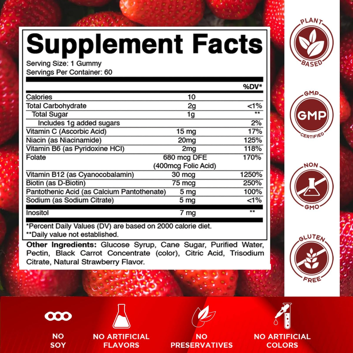 Vitamatic Vitamin B Complex Gummies with Vitamin C & Inositol - Natural Strawberry Flavor - 60 Gummies (1 Bottle) - FENGGESTORE20