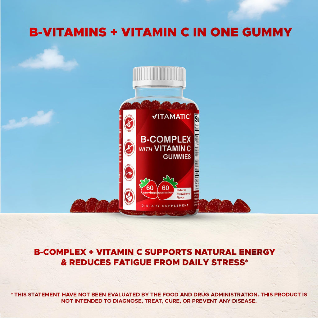 Vitamatic Vitamin B Complex Gummies with Vitamin C & Inositol - Natural Strawberry Flavor - 60 Gummies (1 Bottle) - FENGGESTORE20
