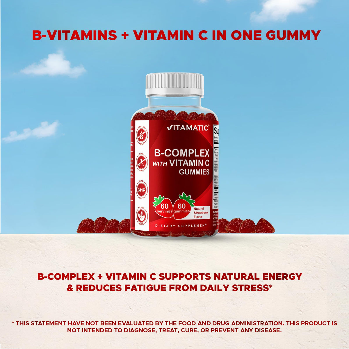 Vitamatic Vitamin B Complex Gummies with Vitamin C & Inositol - Natural Strawberry Flavor - 60 Gummies (1 Bottle) - FENGGESTORE20
