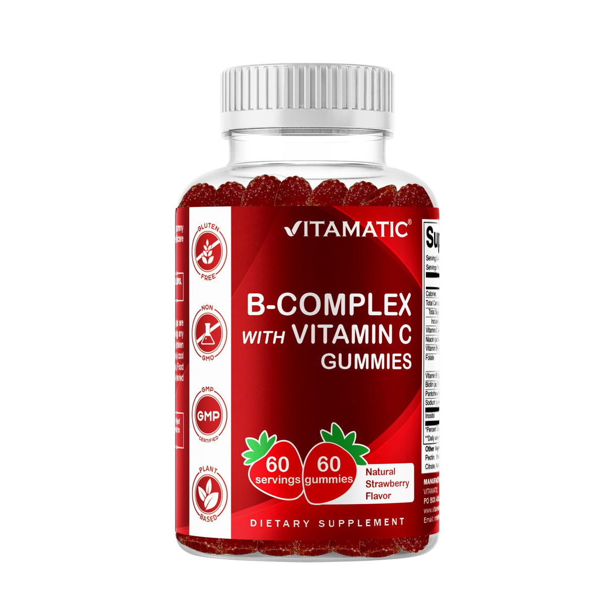 Vitamatic Vitamin B Complex Gummies with Vitamin C & Inositol - Natural Strawberry Flavor - 60 Gummies (1 Bottle) - FENGGESTORE20