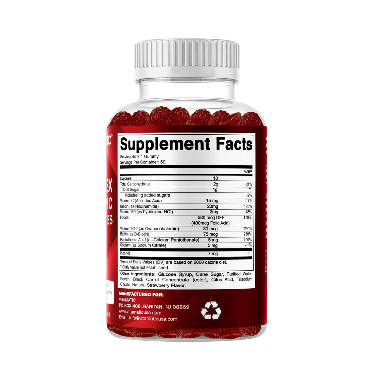 Vitamatic Vitamin B Complex Gummies with Vitamin C & Inositol - Natural Strawberry Flavor - 60 Gummies (1 Bottle) - FENGGESTORE20