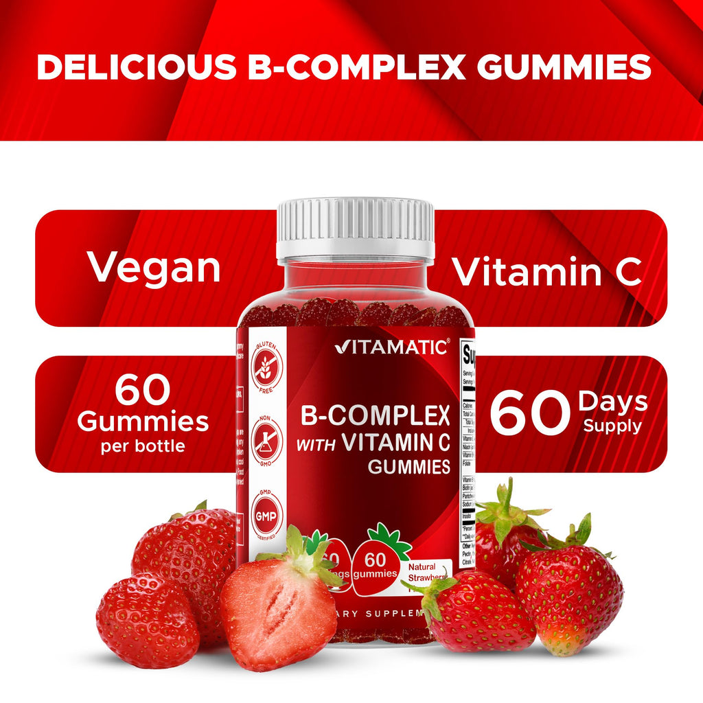 Vitamatic Vitamin B Complex Gummies with Vitamin C & Inositol - Natural Strawberry Flavor - 60 Gummies (1 Bottle) - FENGGESTORE20
