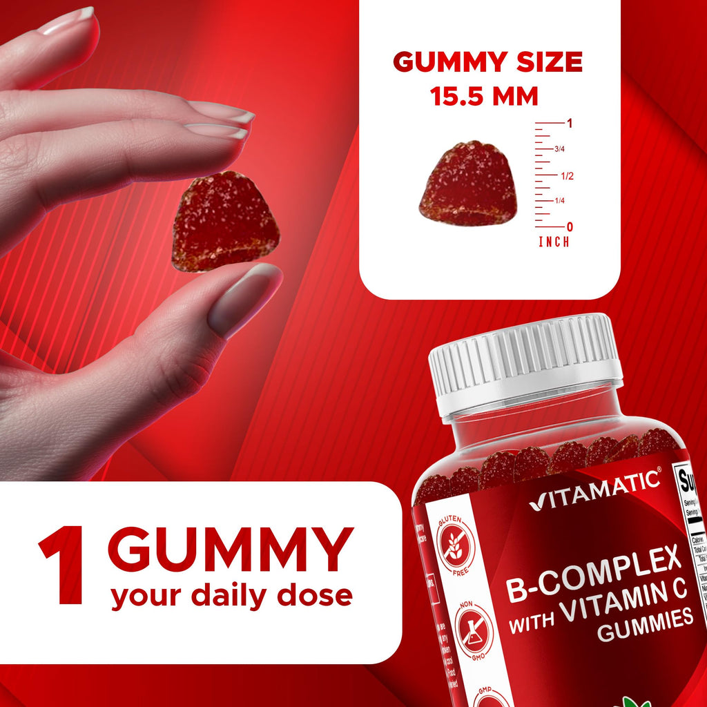 Vitamatic Vitamin B Complex Gummies with Vitamin C & Inositol - Natural Strawberry Flavor - 60 Gummies (1 Bottle) - FENGGESTORE20