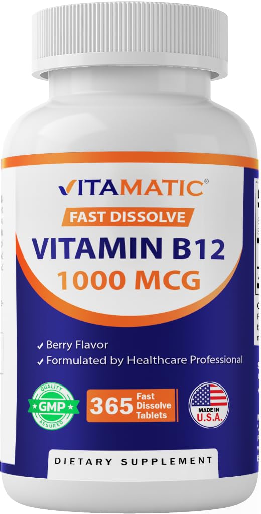 Vitamatic Vitamin B12 1000 mcg Fast Dissolve – 365 Tablets – Natural Berry Flavor – Supports Energy Metabolism - FENGGESTORE20