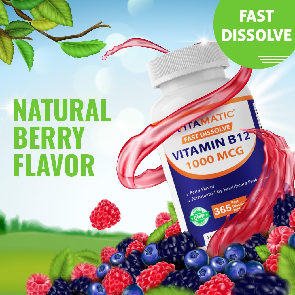 Vitamatic Vitamin B12 1000 mcg Fast Dissolve – 365 Tablets – Natural Berry Flavor – Supports Energy Metabolism - FENGGESTORE20