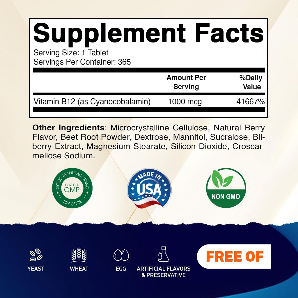 Vitamatic Vitamin B12 1000 mcg Fast Dissolve – 365 Tablets – Natural Berry Flavor – Supports Energy Metabolism - FENGGESTORE20
