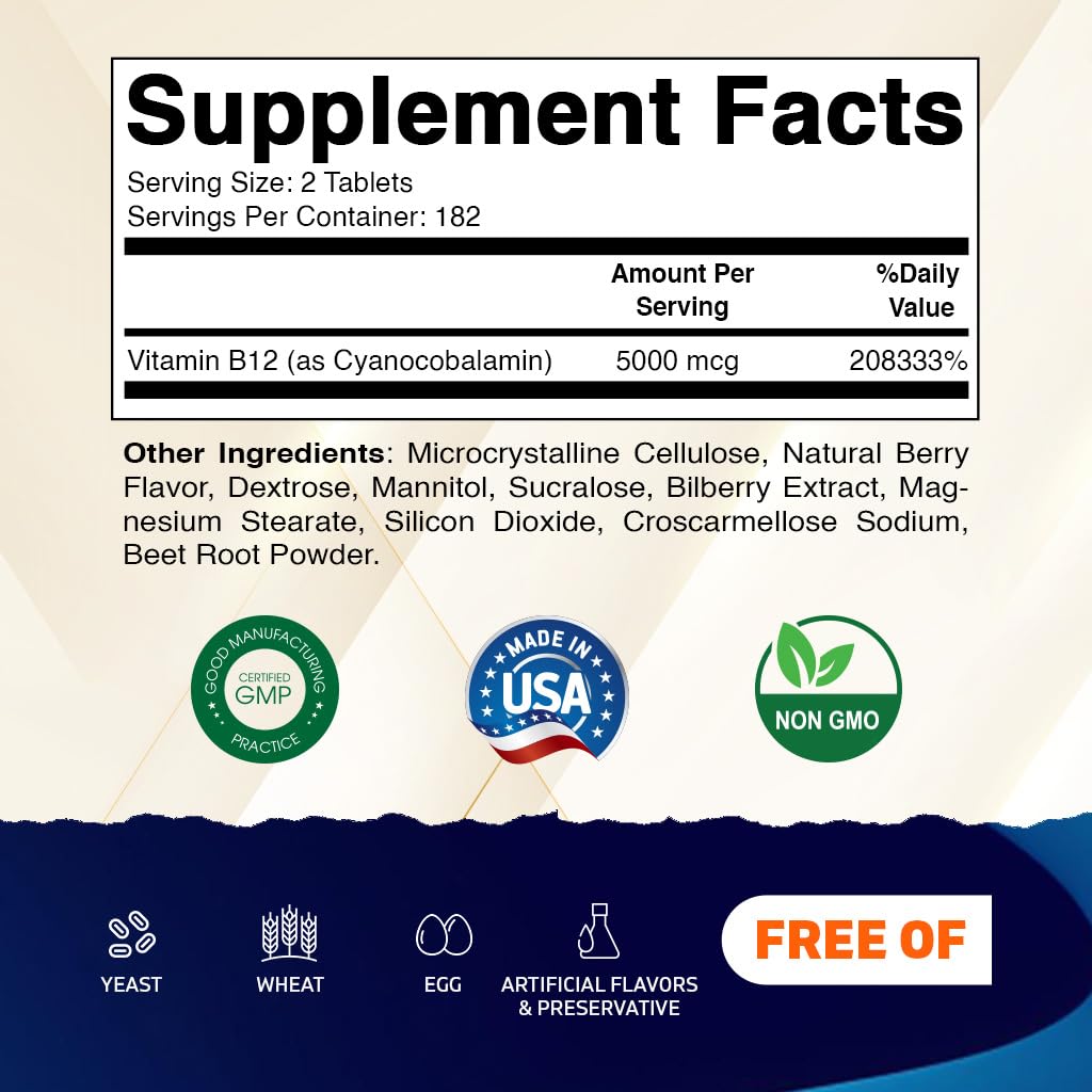 Vitamatic Vitamin B12 5000 mcg – 365 Fast Dissolve Tablets Berry Flavor – Supports Energy Production & Nervous System Health - FENGGESTORE20