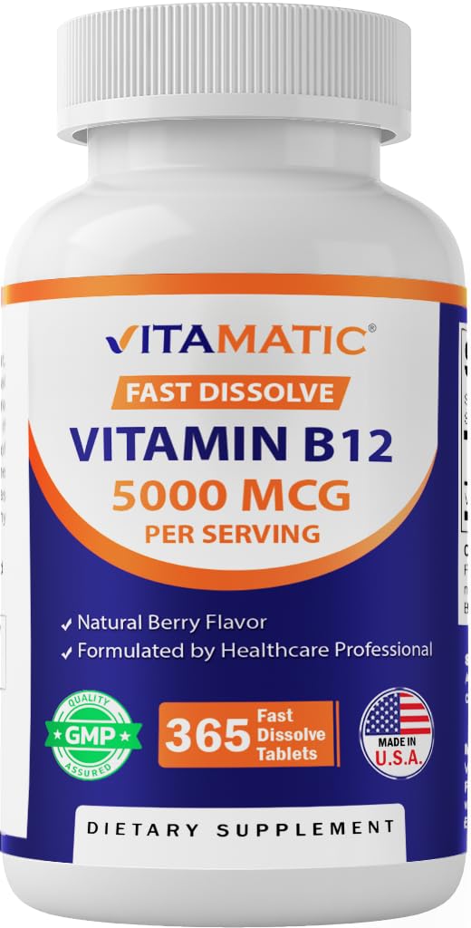 Vitamatic Vitamin B12 5000 mcg – 365 Fast Dissolve Tablets Berry Flavor – Supports Energy Production & Nervous System Health - FENGGESTORE20