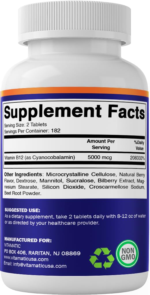 Vitamatic Vitamin B12 5000 mcg – 365 Fast Dissolve Tablets Berry Flavor – Supports Energy Production & Nervous System Health - FENGGESTORE20