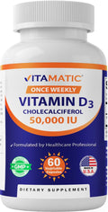 Vitamatic Vitamin D3 50,000 IU (as Cholecalciferol), Once Weekly Dose, 1250 mcg, 60 Veggie Capsules 1 Year Supply, Progressive Formula Helping - FENGGESTORE20