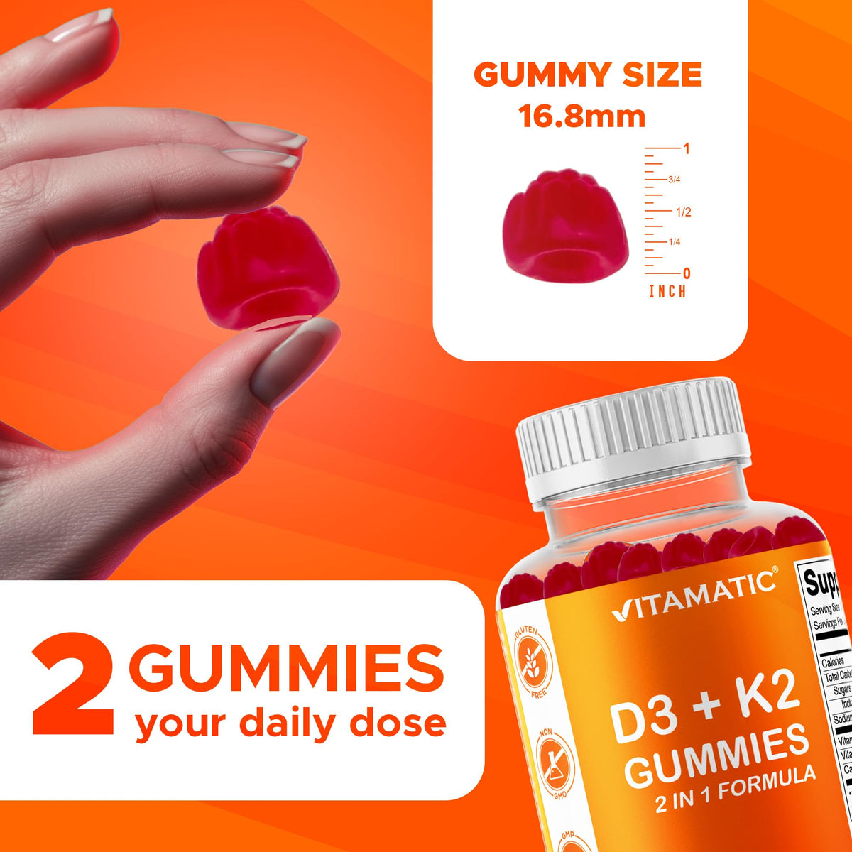 Vitamatic Vitamin D3 & K2 Gummies (2-Pack, 60 Count) Supports Healthy Bones, Heart Health, Calcium Absorption, - FENGGESTORE20
