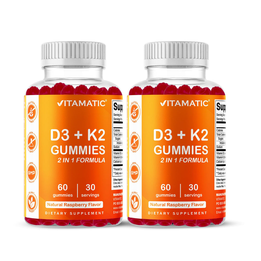 Vitamatic Vitamin D3 & K2 Gummies (2-Pack, 60 Count) Supports Healthy Bones, Heart Health, Calcium Absorption, - FENGGESTORE20