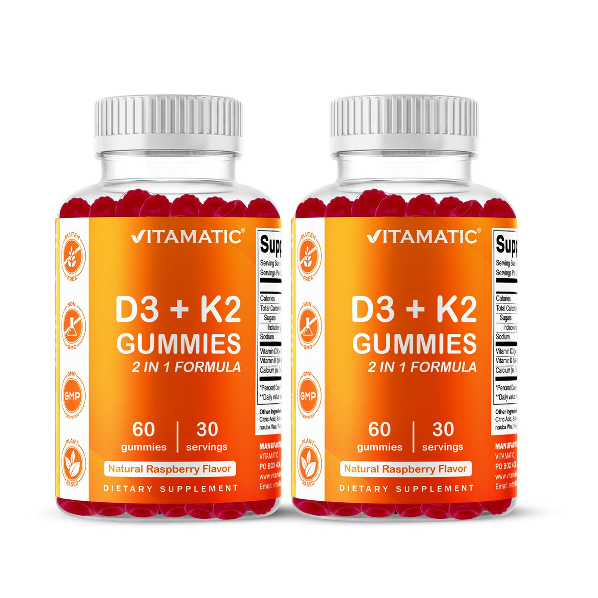 Vitamatic Vitamin D3 & K2 Gummies (2-Pack, 60 Count) Supports Healthy Bones, Heart Health, Calcium Absorption, - FENGGESTORE20