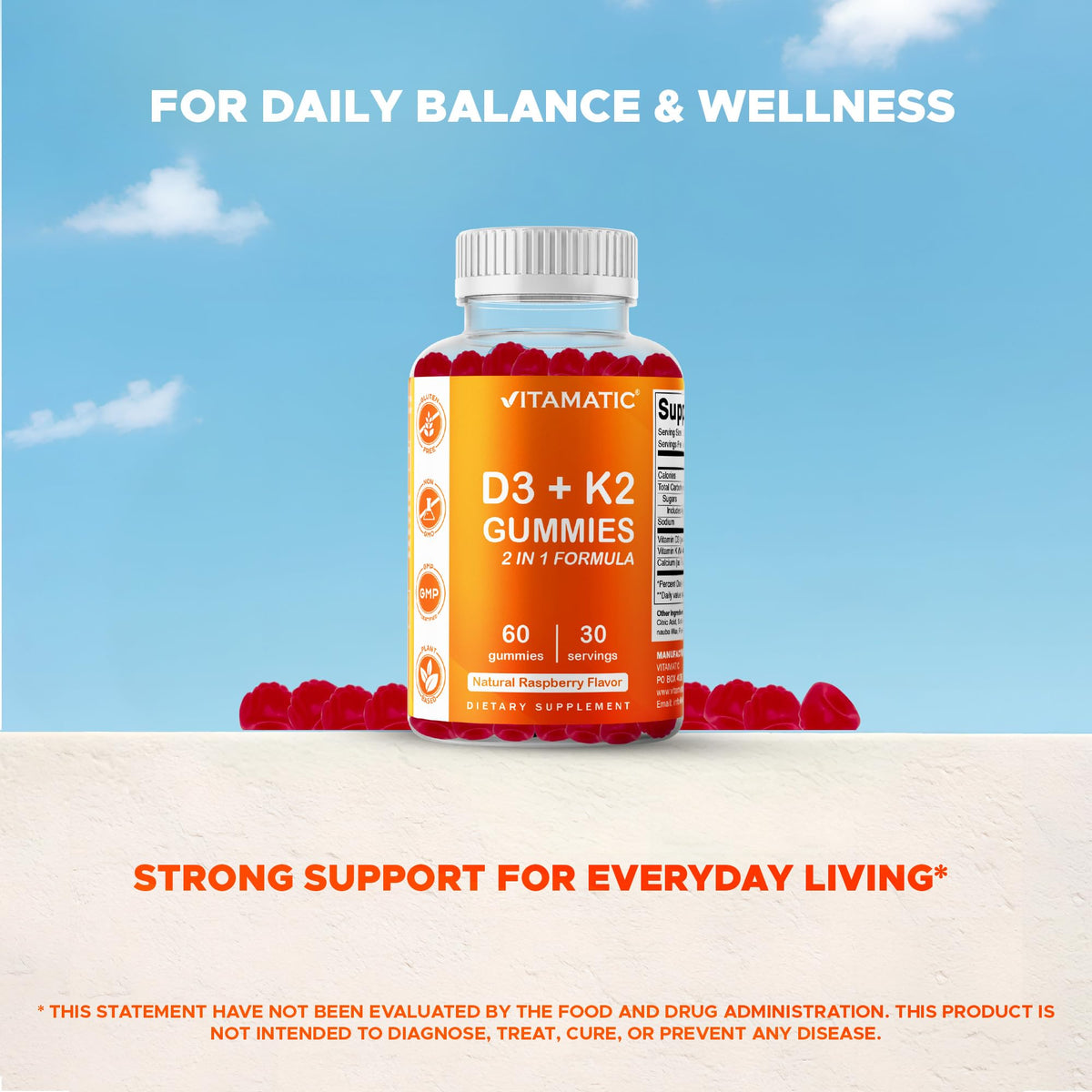 Vitamatic Vitamin D3 & K2 Gummies (2-Pack, 60 Count) Supports Healthy Bones, Heart Health, Calcium Absorption, - FENGGESTORE20