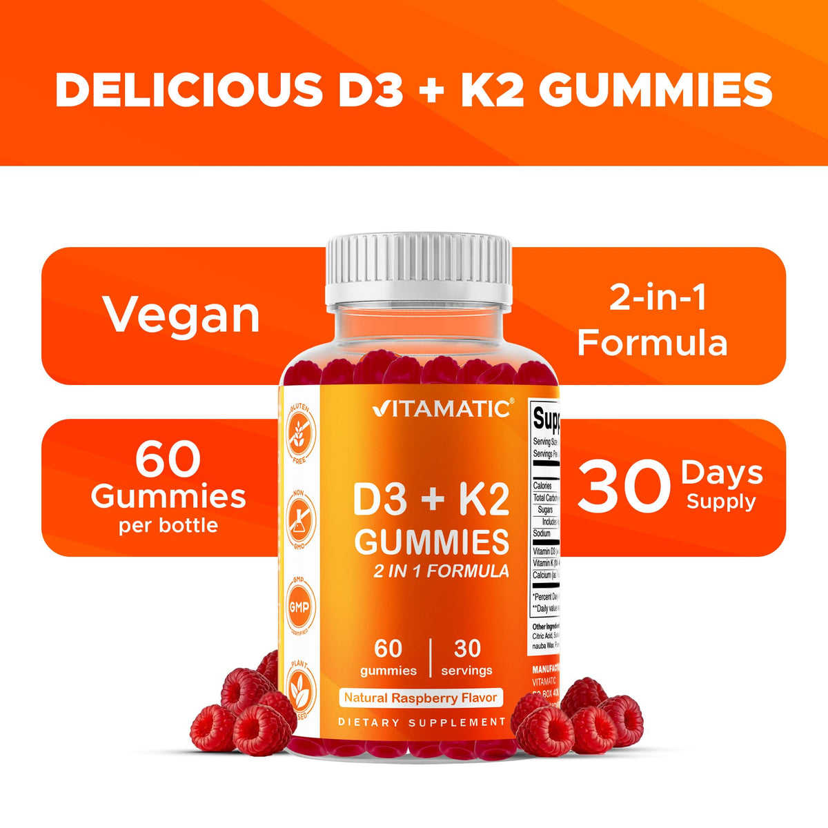 Vitamatic Vitamin D3 & K2 Gummies (2-Pack, 60 Count) Supports Healthy Bones, Heart Health, Calcium Absorption, - FENGGESTORE20
