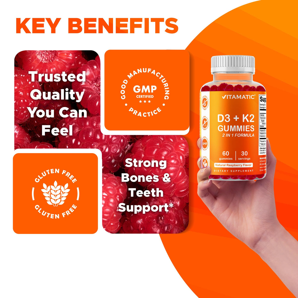 Vitamatic Vitamin D3 & K2 Gummies (2-Pack, 60 Count) Supports Healthy Bones, Heart Health, Calcium Absorption, - FENGGESTORE20