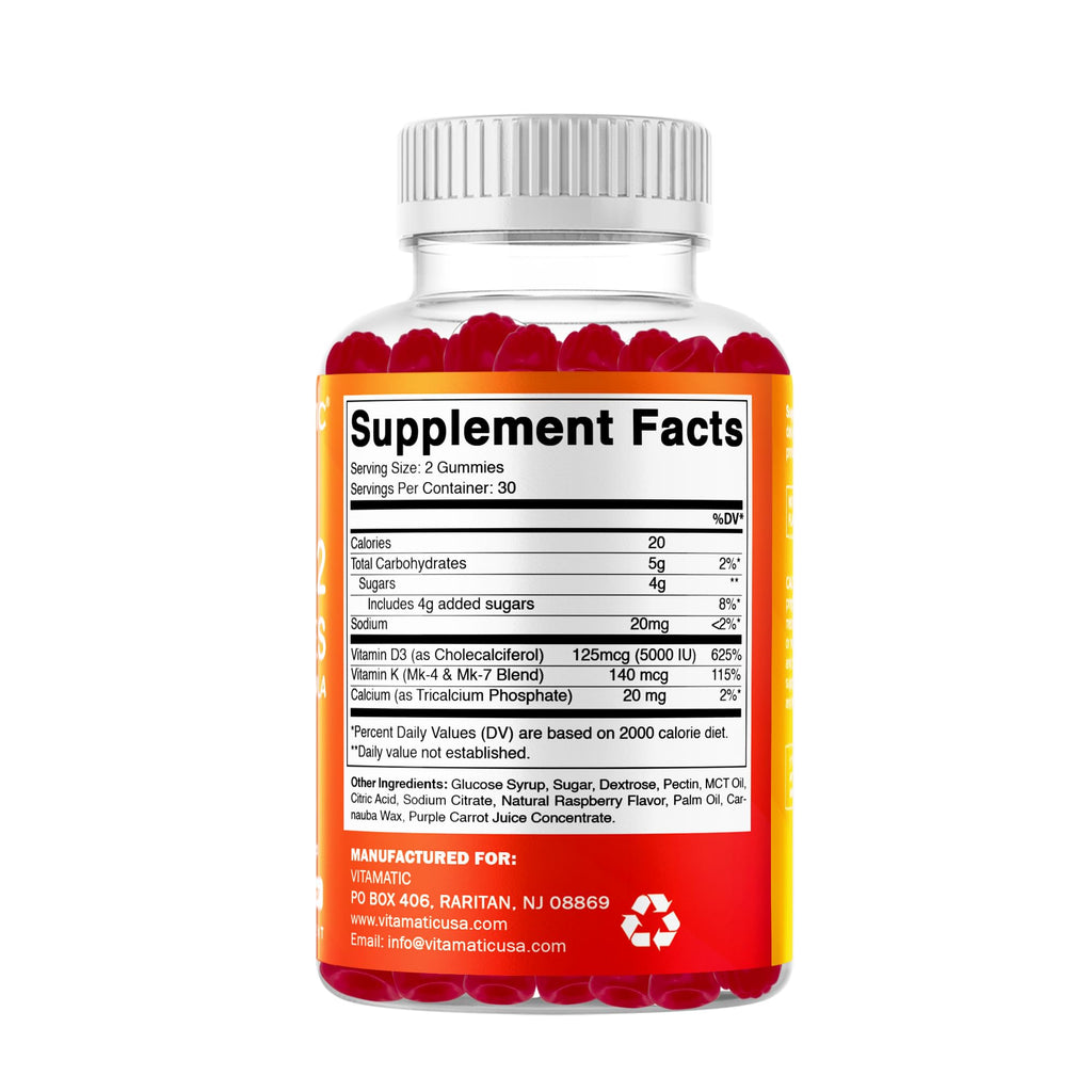 Vitamatic Vitamin D3 & K2 Gummies (2-Pack, 60 Count) Supports Healthy Bones, Heart Health, Calcium Absorption, - FENGGESTORE20