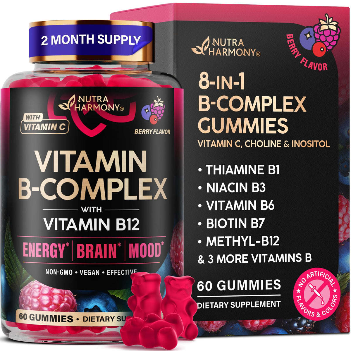 Vitamin B-Complex Gummies for Women & Men - Vitamin B12, B1, B2, B3, B5, B6, B7 & B9 - B Complex with Vitamin C & Choline - Energy, Brain & Mood - FENGGESTORE20
