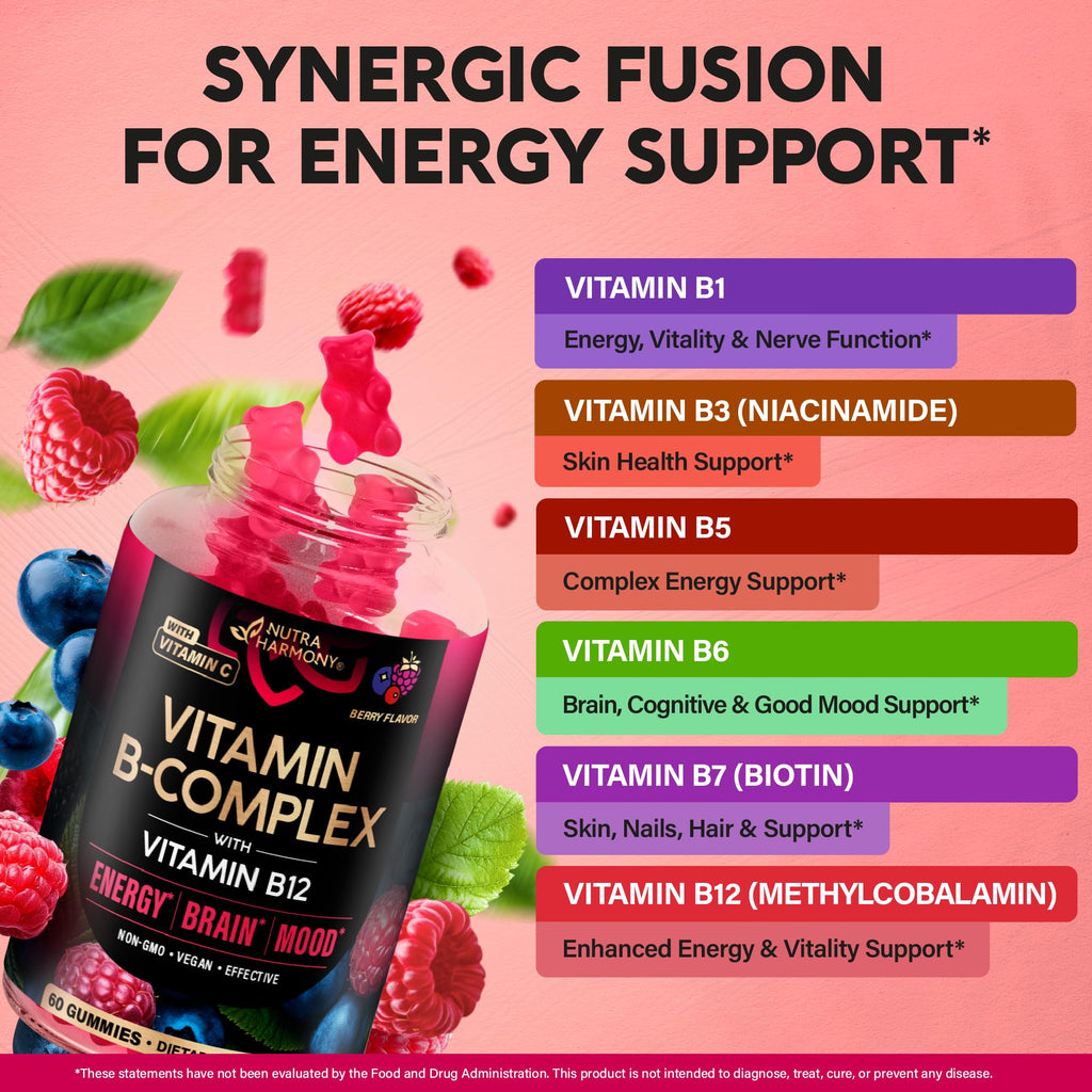 Vitamin B-Complex Gummies for Women & Men - Vitamin B12, B1, B2, B3, B5, B6, B7 & B9 - B Complex with Vitamin C & Choline - Energy, Brain & Mood - FENGGESTORE20