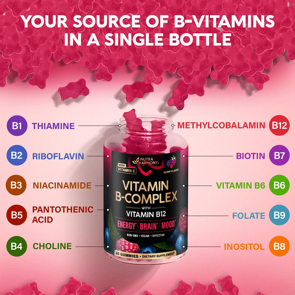 Vitamin B-Complex Gummies for Women & Men - Vitamin B12, B1, B2, B3, B5, B6, B7 & B9 - B Complex with Vitamin C & Choline - Energy, Brain & Mood - FENGGESTORE20