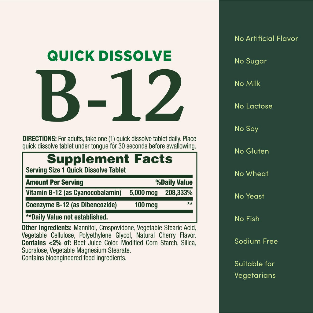 Vitamin B12 by Nature's Bounty, Quick Dissolve Vitamin Supplement, Supports Energy Metabolism and Nervous System Health, 5000mcg - FENGGESTORE20