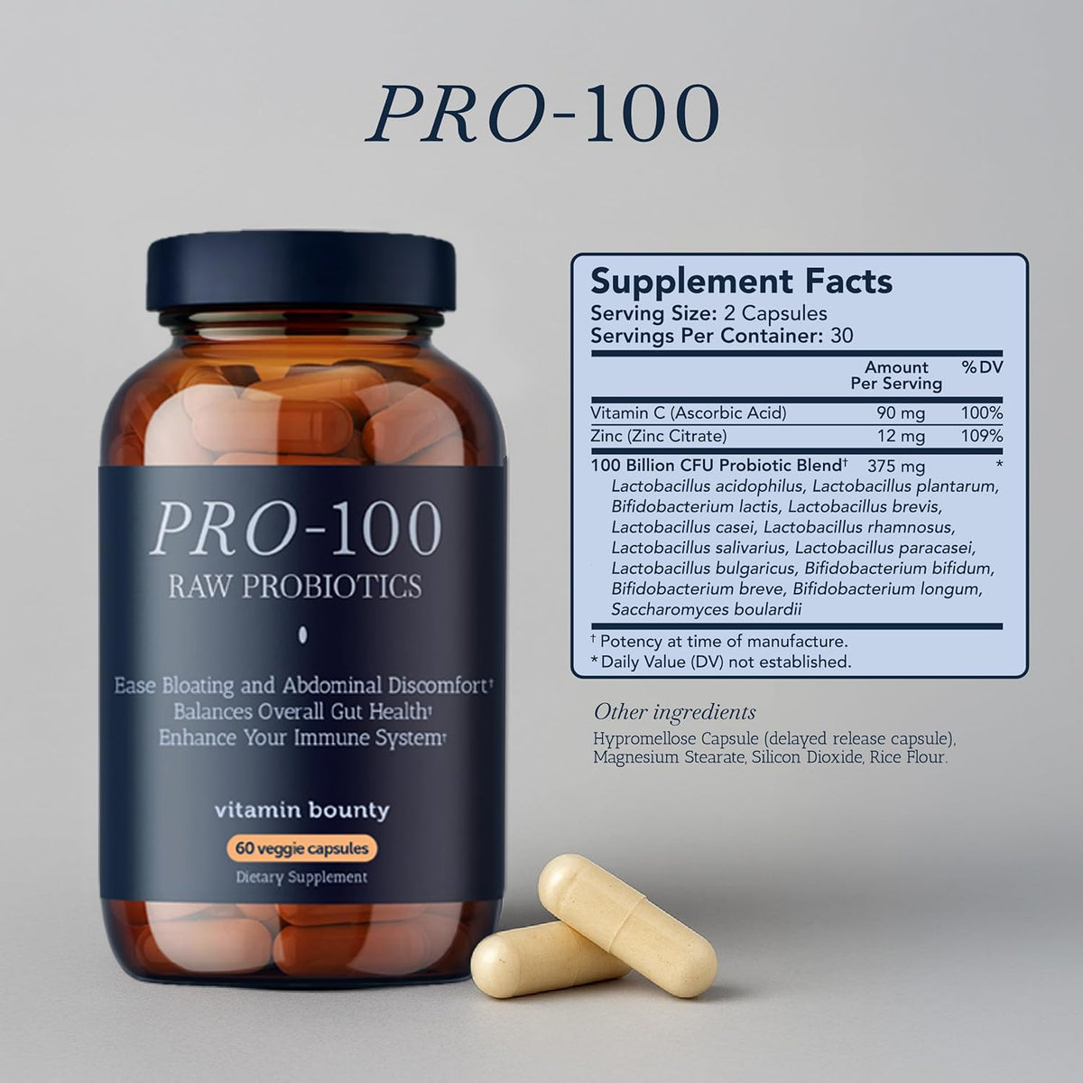 Vitamin Bounty Pro-100 Probiotic 100 Billion CFU - 13 Strains for Digestive Health & Immune Support - High Potency Probiotics for Women & Men - FENGGESTORE20