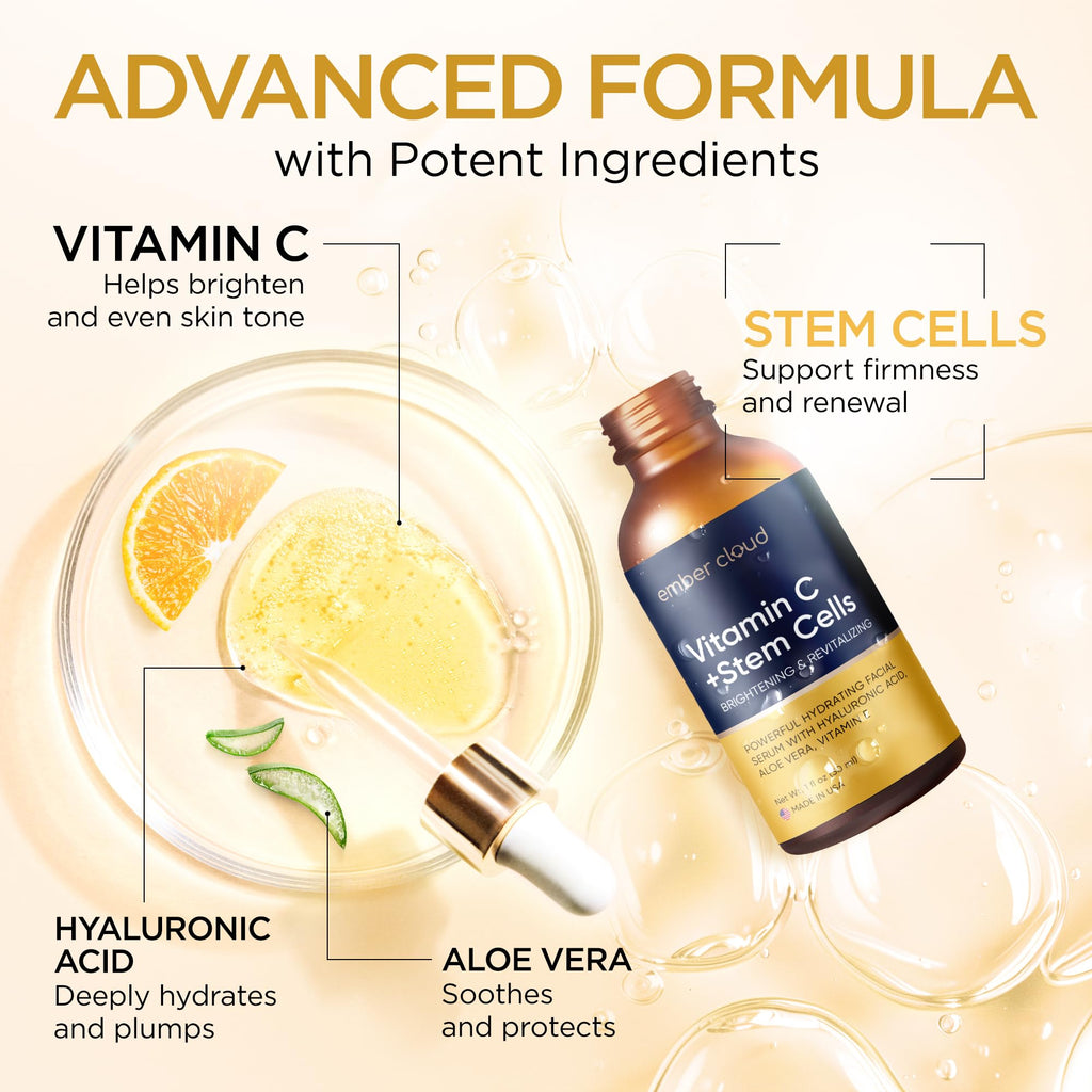 Vitamin C Serum for Face with Stem Cells Hyaluronic Acid Vitamin E Aloe Vera Anti-Aging Face Serum Supports Skin Health - FENGGESTORE20