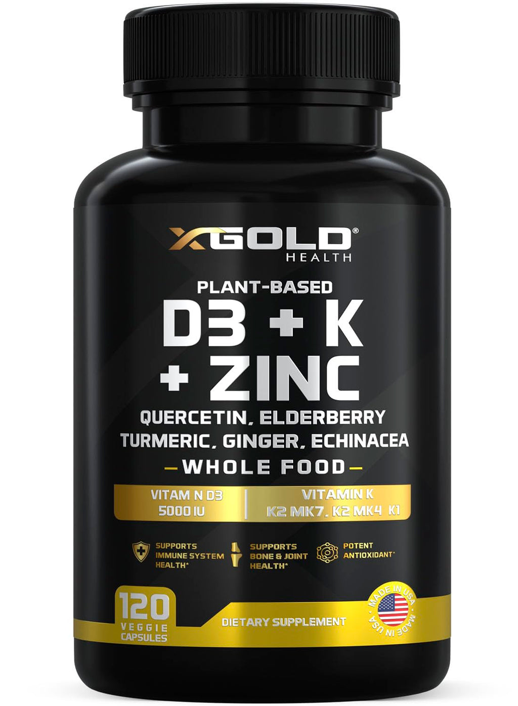 Vitamin D, K2, K1, Zinc, Quercetin, Elderberry, Turmeric, Ginger & Echinacea Whole Food Supplement 8 in 1- D3 5000 IU Plant-Based from Lichen, Vitamin K (K2 MK7, MK4, K1), D3 K2 Vitamins -120 Capsules - FENGGESTORE20