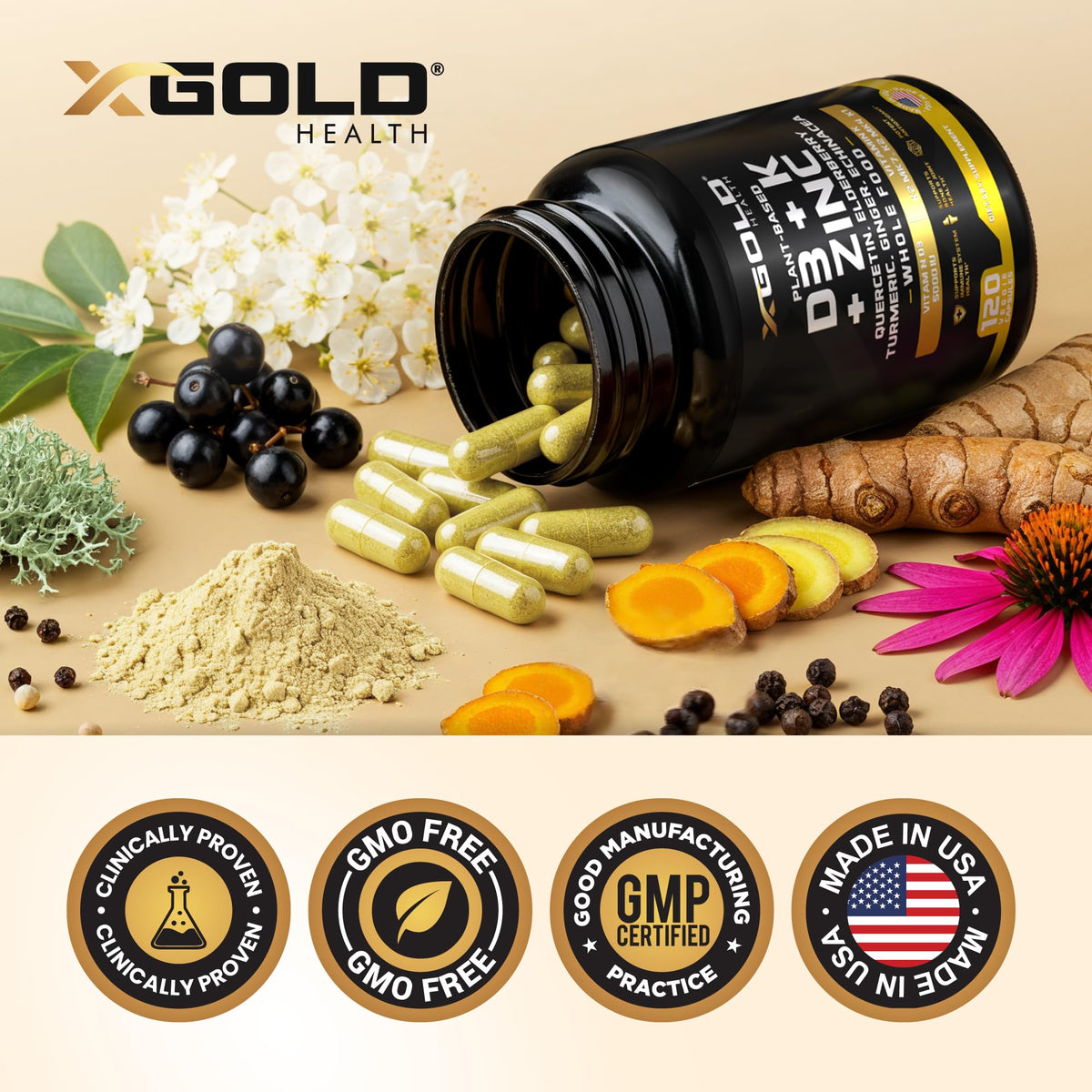 Vitamin D, K2, K1, Zinc, Quercetin, Elderberry, Turmeric, Ginger & Echinacea Whole Food Supplement 8 in 1- D3 5000 IU Plant-Based from Lichen, Vitamin K (K2 MK7, MK4, K1), D3 K2 Vitamins -120 Capsules - FENGGESTORE20