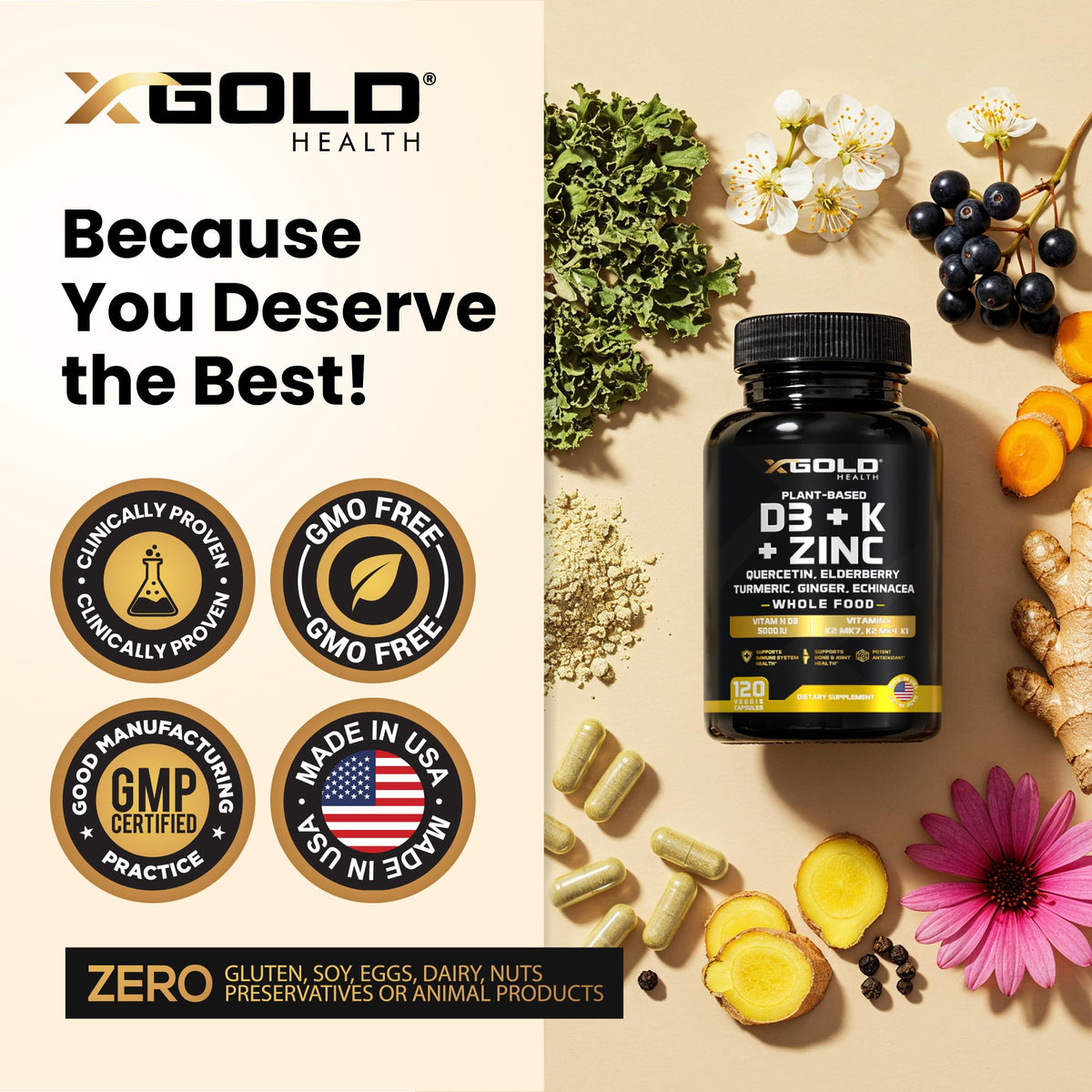 Vitamin D, K2, K1, Zinc, Quercetin, Elderberry, Turmeric, Ginger & Echinacea Whole Food Supplement 8 in 1- D3 5000 IU Plant-Based from Lichen, Vitamin K (K2 MK7, MK4, K1), D3 K2 Vitamins -120 Capsules - FENGGESTORE20