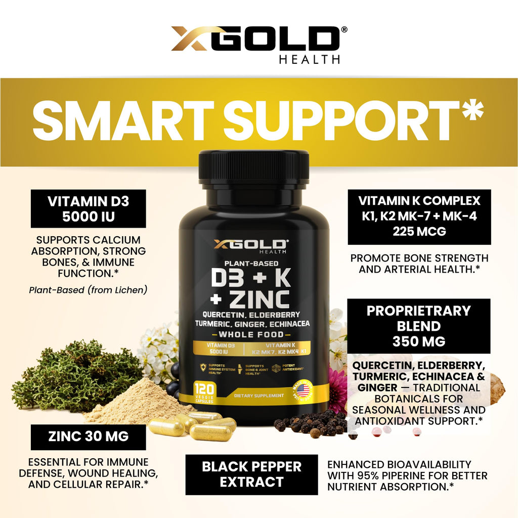 Vitamin D, K2, K1, Zinc, Quercetin, Elderberry, Turmeric, Ginger & Echinacea Whole Food Supplement 8 in 1- D3 5000 IU Plant-Based from Lichen, Vitamin K (K2 MK7, MK4, K1), D3 K2 Vitamins -120 Capsules - FENGGESTORE20