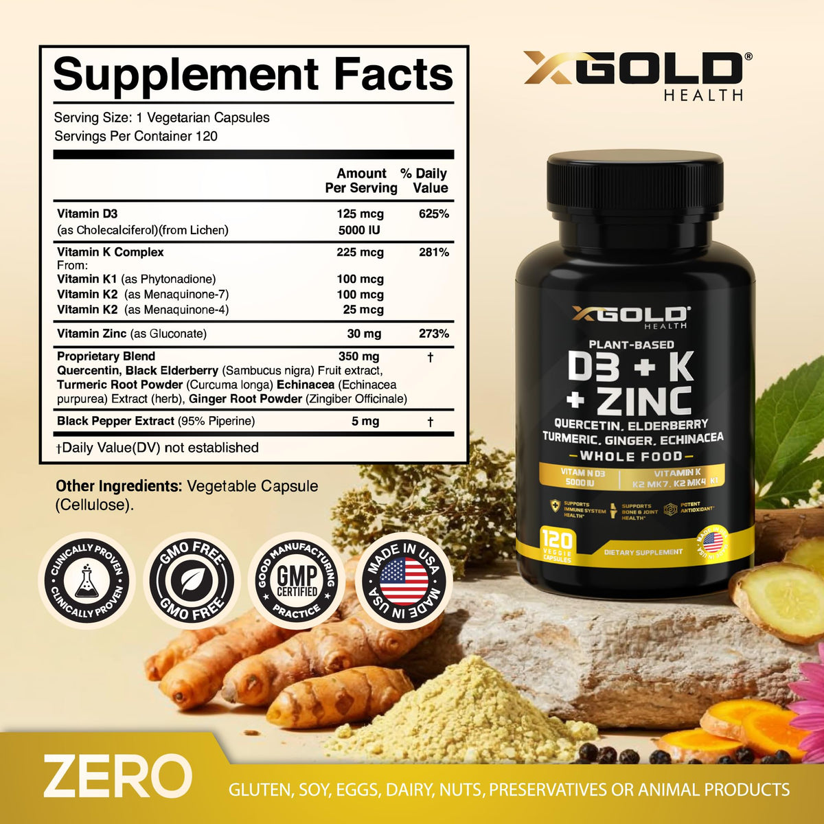 Vitamin D, K2, K1, Zinc, Quercetin, Elderberry, Turmeric, Ginger & Echinacea Whole Food Supplement 8 in 1- D3 5000 IU Plant-Based from Lichen, Vitamin K (K2 MK7, MK4, K1), D3 K2 Vitamins -120 Capsules - FENGGESTORE20
