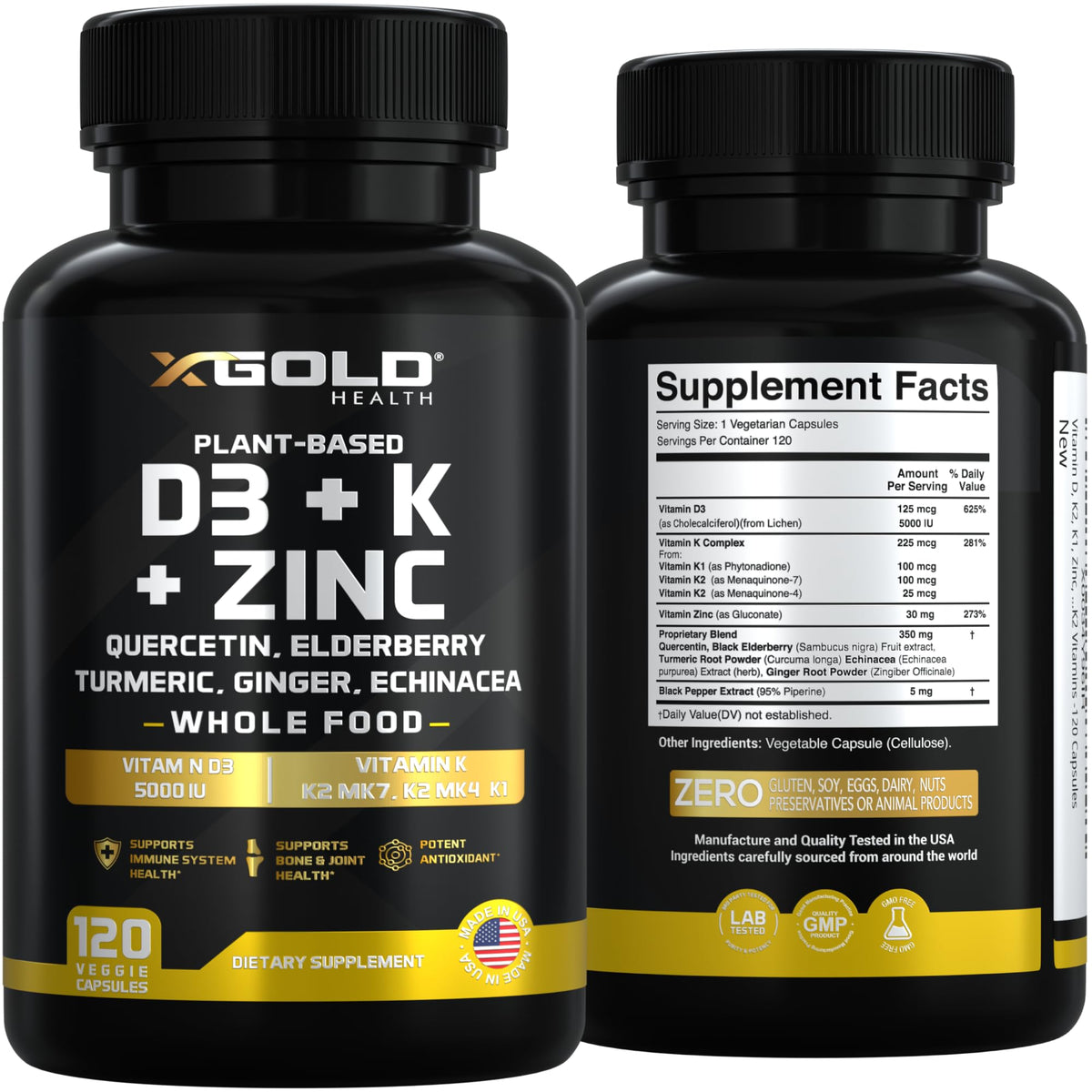 Vitamin D, K2, K1, Zinc, Quercetin, Elderberry, Turmeric, Ginger & Echinacea Whole Food Supplement 8 in 1- D3 5000 IU Plant-Based from Lichen, Vitamin K (K2 MK7, MK4, K1), D3 K2 Vitamins -120 Capsules - FENGGESTORE20