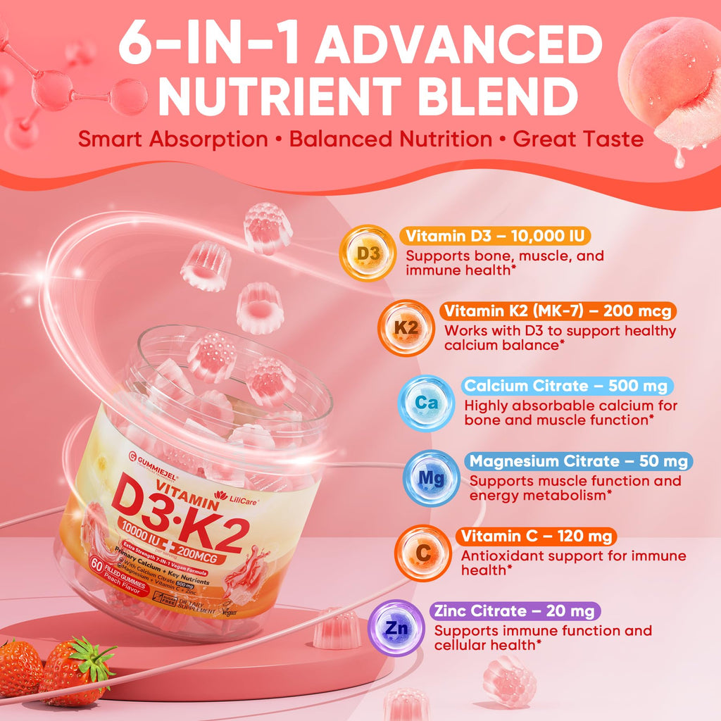 Vitamin D3 K2 Gummies 5000IU / 10,000 IU with 500mg Calcium + K2(MK-7) 200mcg, Magnesium, Vitamin C & Zinc, Extra Strength - Ultimate Absorbency for Bones - FENGGESTORE20