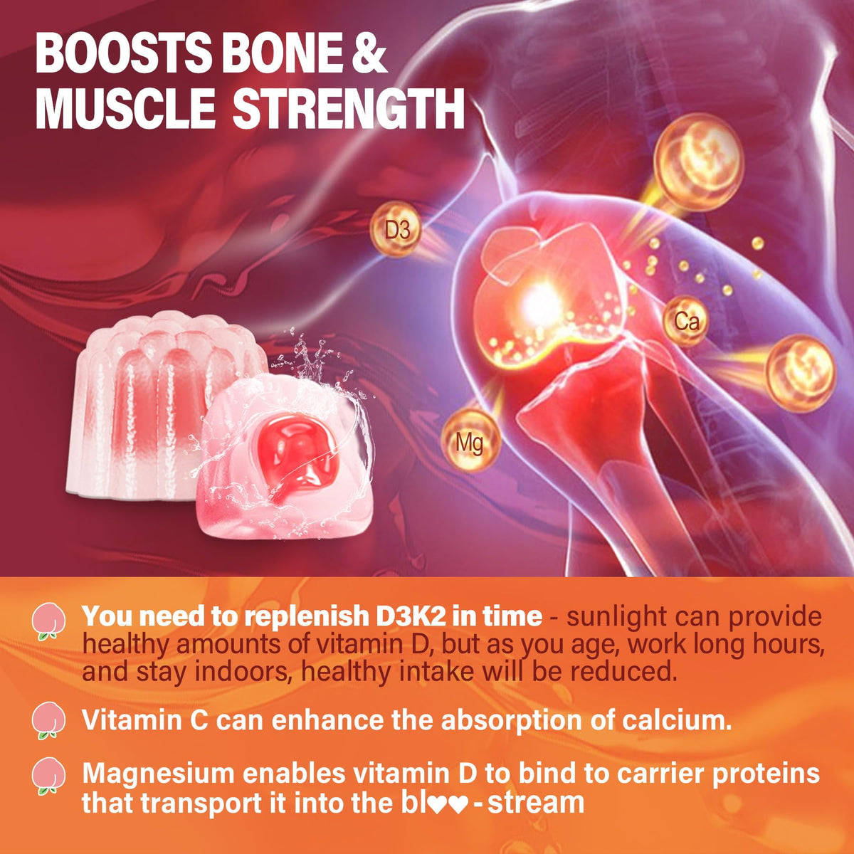 Vitamin D3 K2 Gummies 5000IU / 10,000 IU with 500mg Calcium + K2(MK-7) 200mcg, Magnesium, Vitamin C & Zinc, Extra Strength - Ultimate Absorbency for Bones - FENGGESTORE20