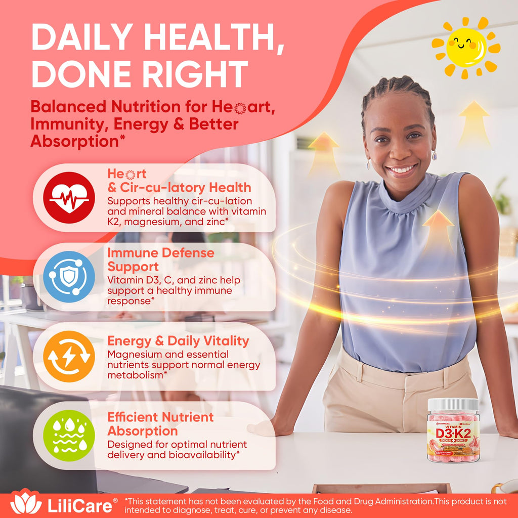 Vitamin D3 K2 Gummies 5000IU / 10,000 IU with 500mg Calcium + K2(MK-7) 200mcg, Magnesium, Vitamin C & Zinc, Extra Strength - Ultimate Absorbency for Bones - FENGGESTORE20
