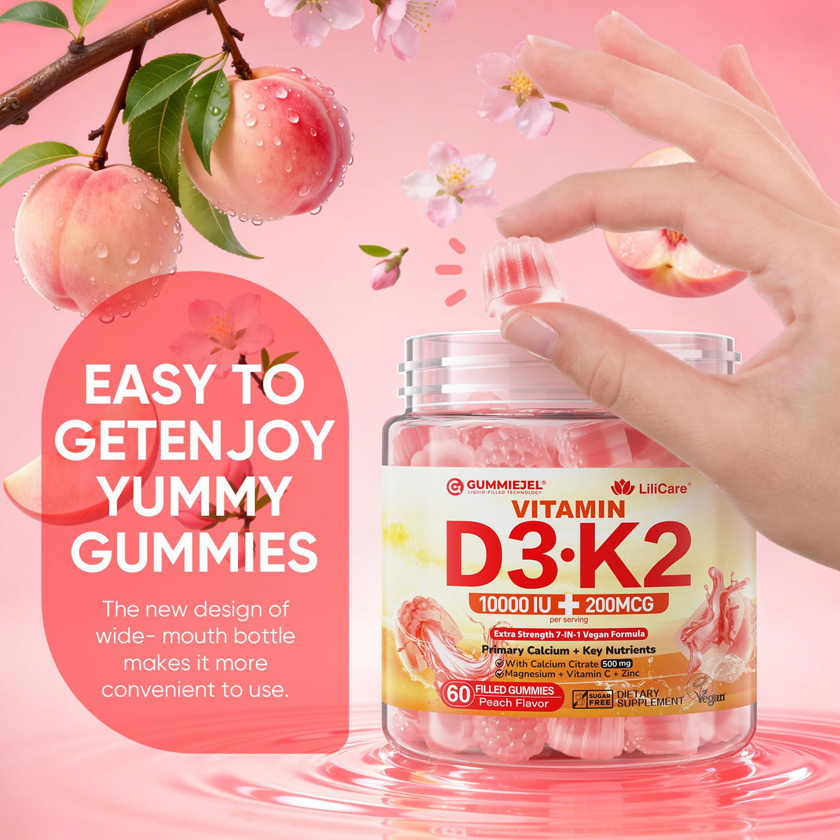 Vitamin D3 K2 Gummies 5000IU / 10,000 IU with 500mg Calcium + K2(MK-7) 200mcg, Magnesium, Vitamin C & Zinc, Extra Strength - Ultimate Absorbency for Bones - FENGGESTORE20