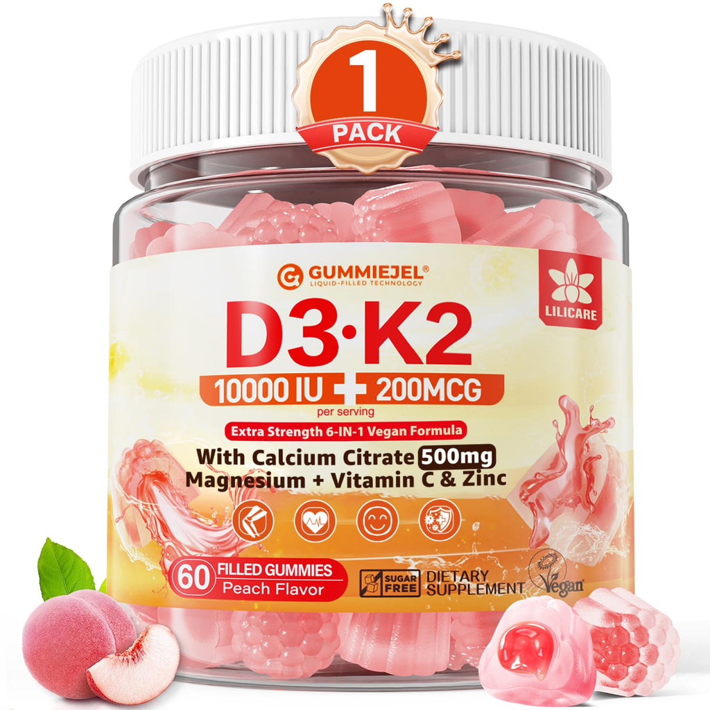 Vitamin D3 K2 Gummies 5000IU / 10,000 IU with 500mg Calcium + K2(MK-7) 200mcg, Magnesium, Vitamin C & Zinc, Extra Strength - Ultimate Absorbency for Bones - FENGGESTORE20