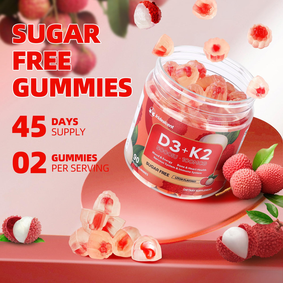 Vitamin D3 K2 Gummies w/Magnesium Sugar Free - 90 Count | D3 Vitamin 5,000 IU + K2(MK-7) 100 mcg - Vegan K2 D3 Vitamin Supplement, Highly Absorbent Supports Bone - FENGGESTORE20