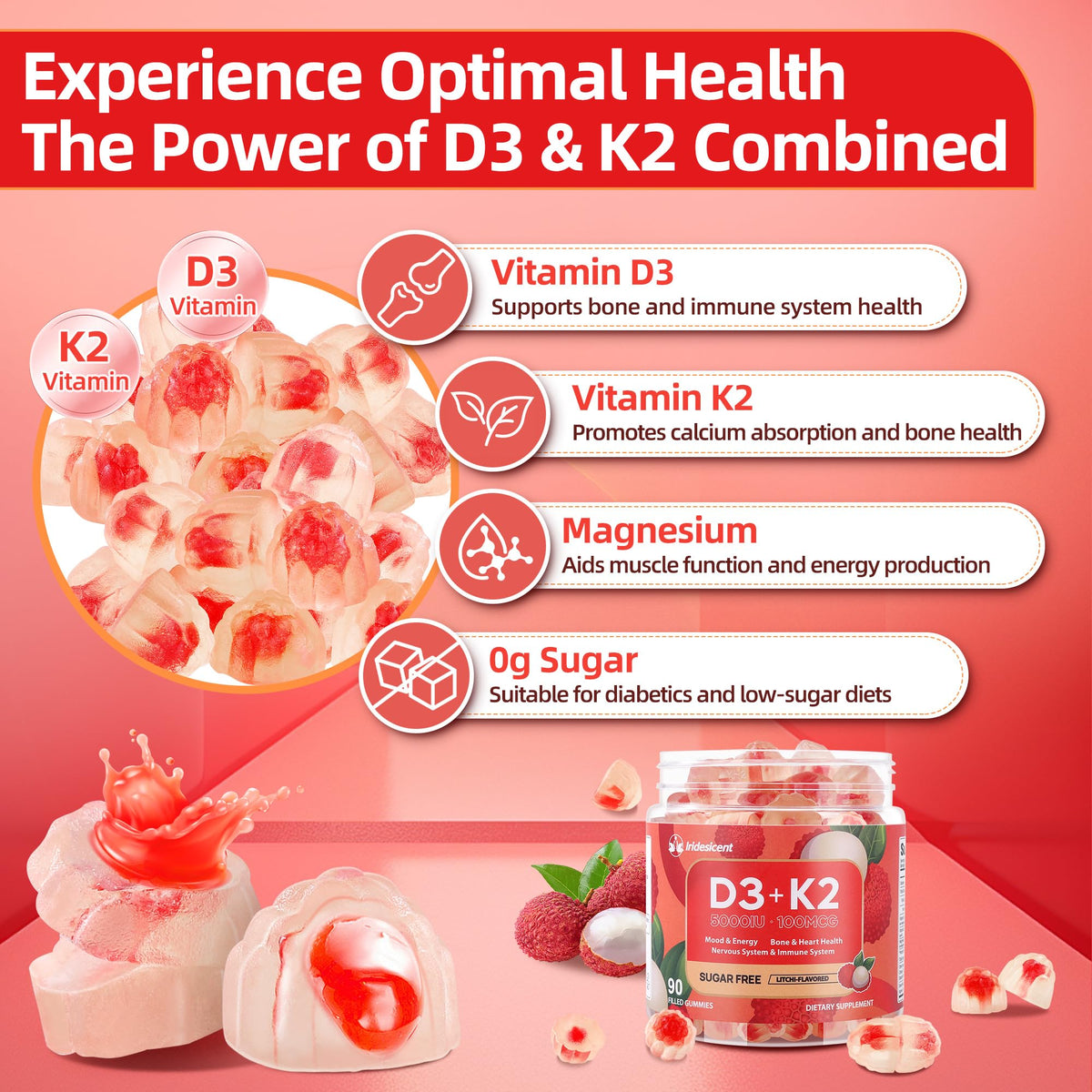Vitamin D3 K2 Gummies w/Magnesium Sugar Free - 90 Count | D3 Vitamin 5,000 IU + K2(MK-7) 100 mcg - Vegan K2 D3 Vitamin Supplement, Highly Absorbent Supports Bone - FENGGESTORE20